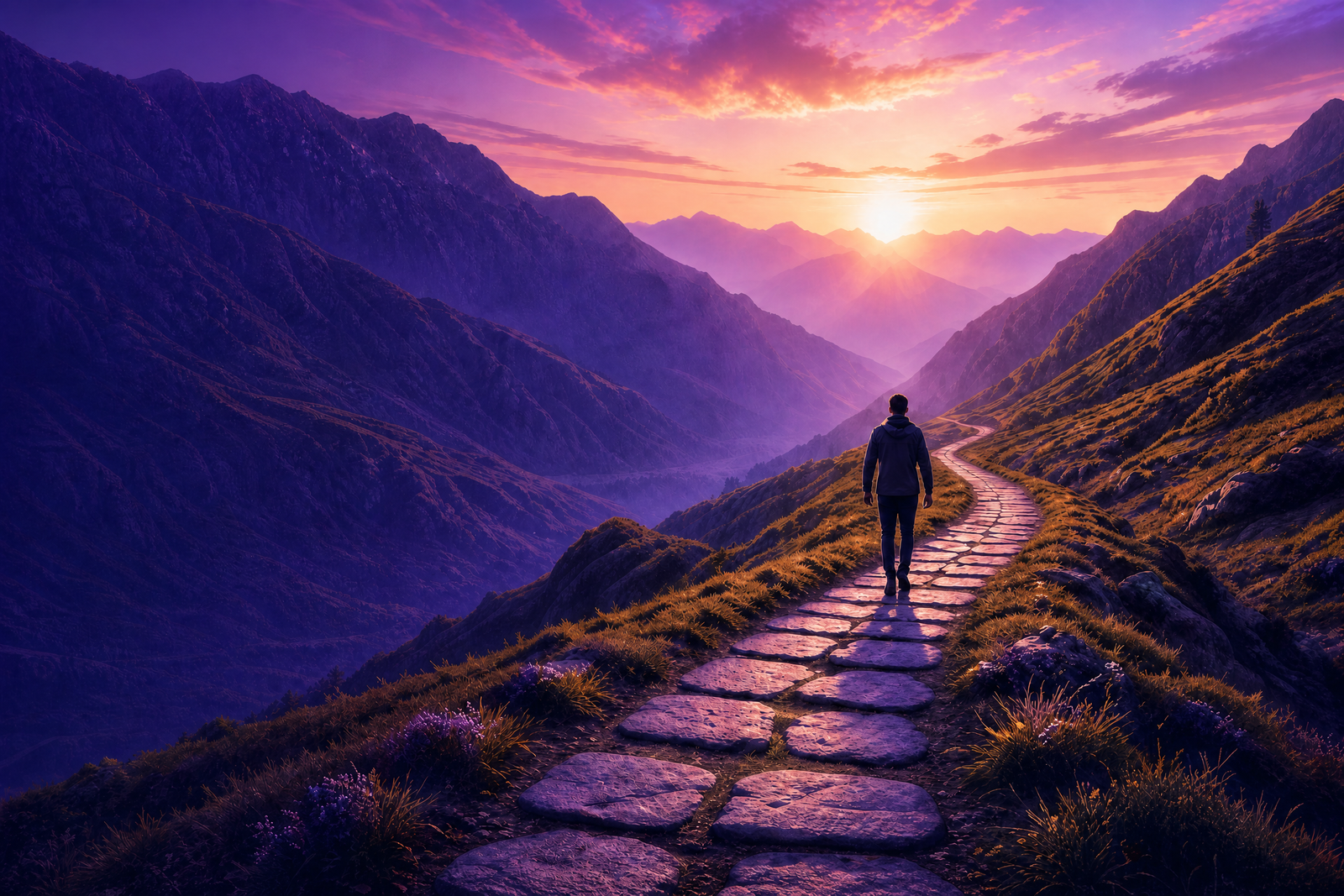 Person walking a stone path toward the mountain sunrise